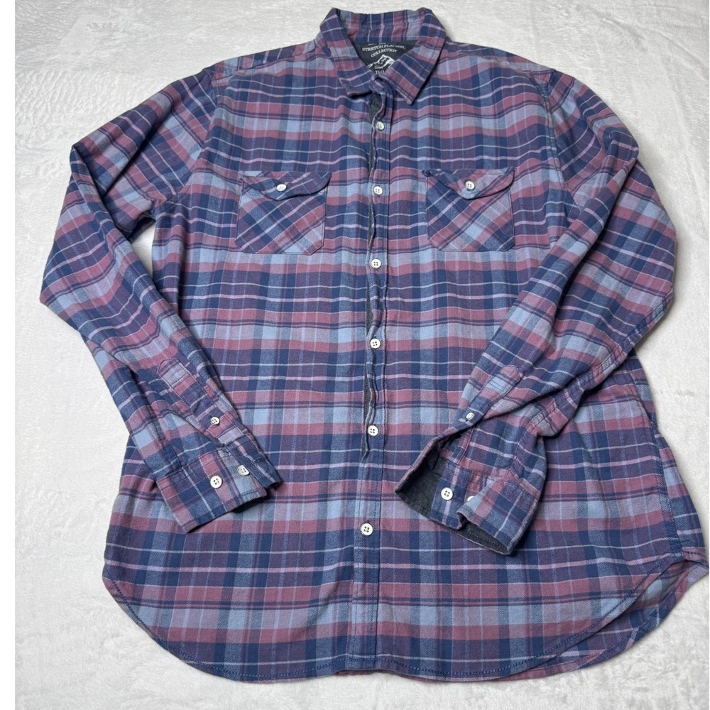 Mens XL Blue Purple Plaid Flannel Shirt Slim Fit Stretch Button Down Grunge 90s